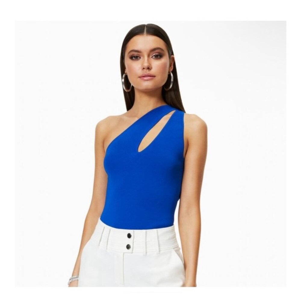 Ramy Brook women's XXS blue ribbed one shoulder indira top fitted stretch